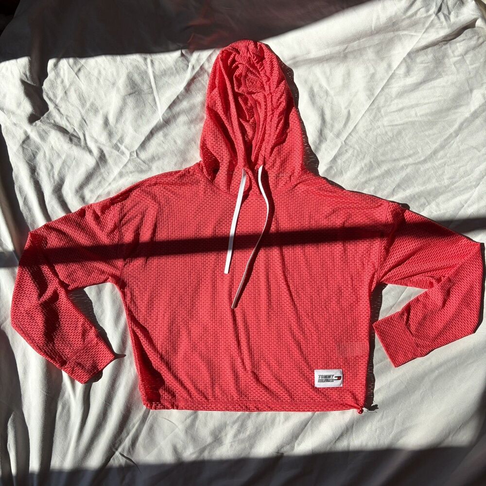 Tommy Hilfiger Sport Mesh Pullover Beach Hoodie Drawstring Pink Coverup Women L